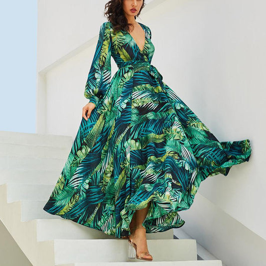 Lantern Sleeve V-neck Green Leaf Print Maxi Dress