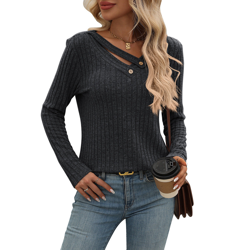 Casual Loose V-Neck Buttoned Stripe T-Shirt