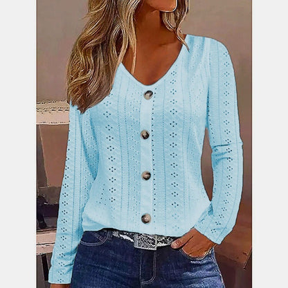 Solid Color Jacquard V-neck Buttons Long-sleeved Top