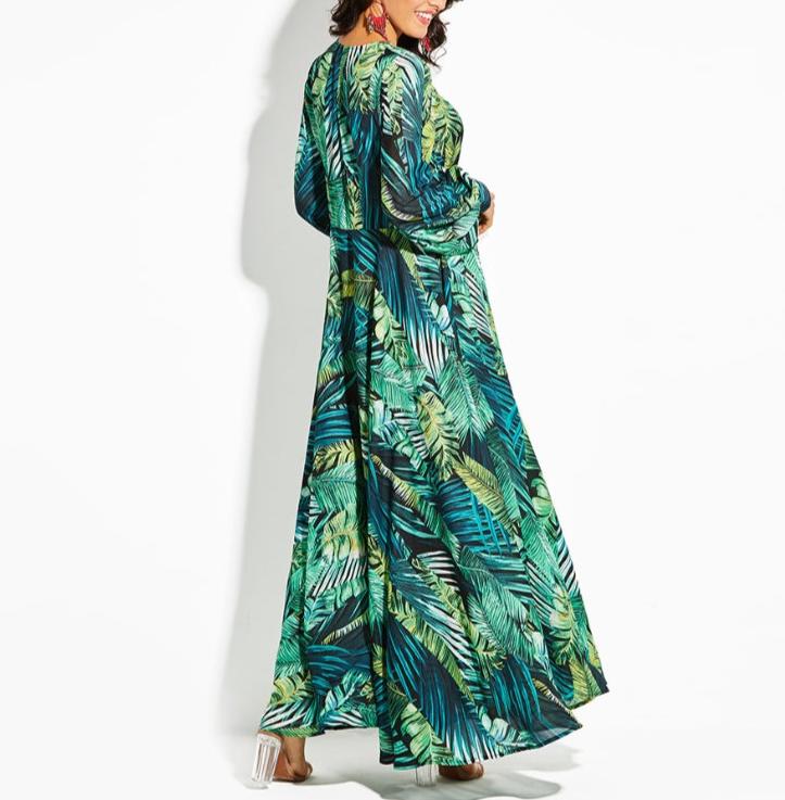 Lantern Sleeve V-neck Green Leaf Print Maxi Dress