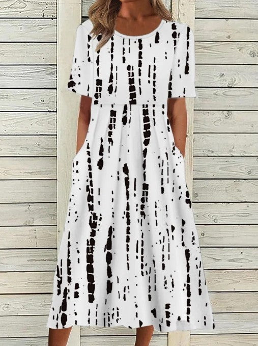 Casual Round Neck Printed Pocket Dress