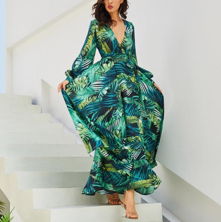 Lantern Sleeve V-neck Green Leaf Print Maxi Dress