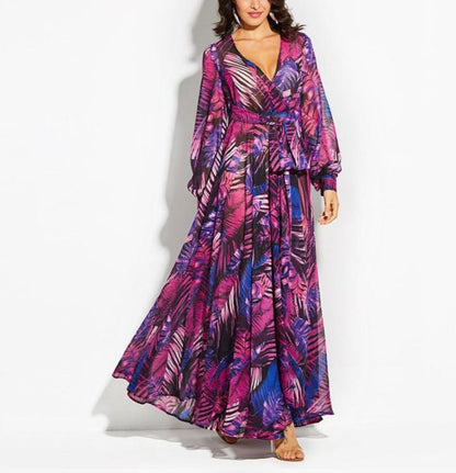 Lantern Sleeve V-neck Green Leaf Print Maxi Dress