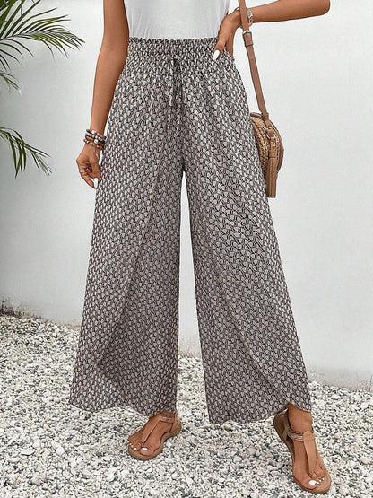 Brown Print Elastic Drawstring Waistband Pants