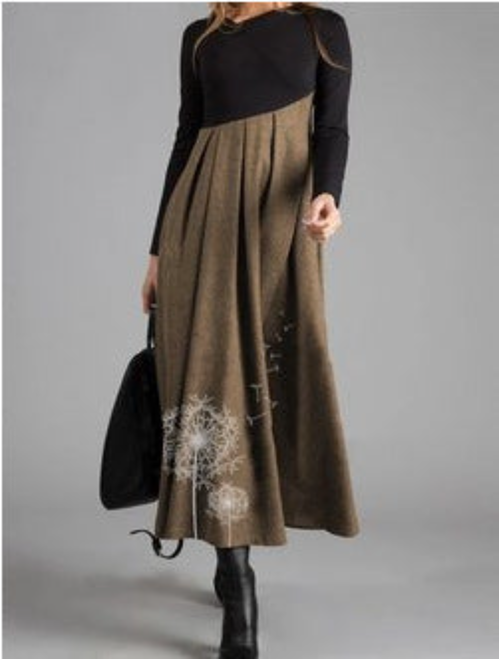 V-Neck Long-Sleeved Print Stitching Woolen Dress