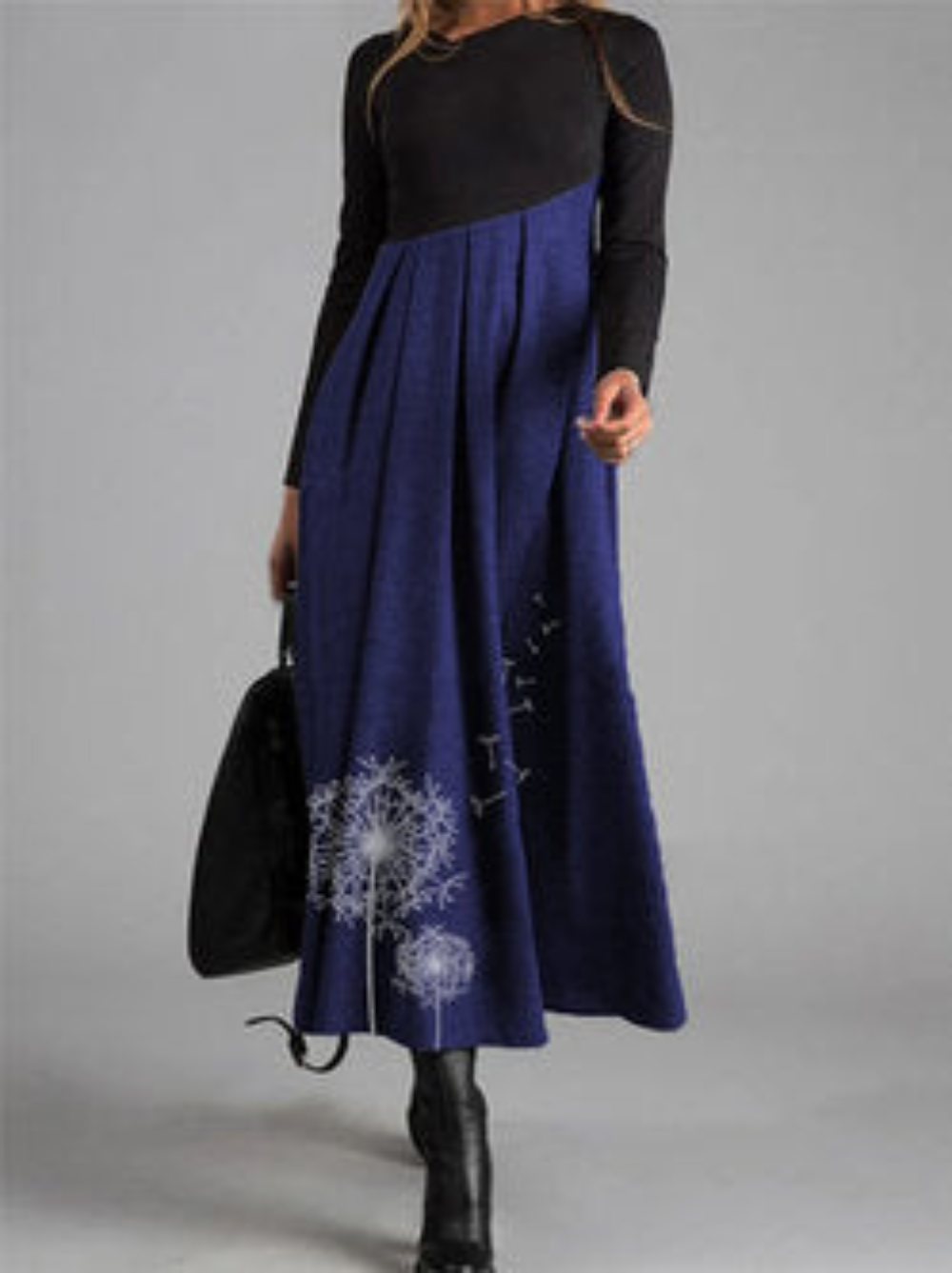 V-Neck Long-Sleeved Print Stitching Woolen Dress