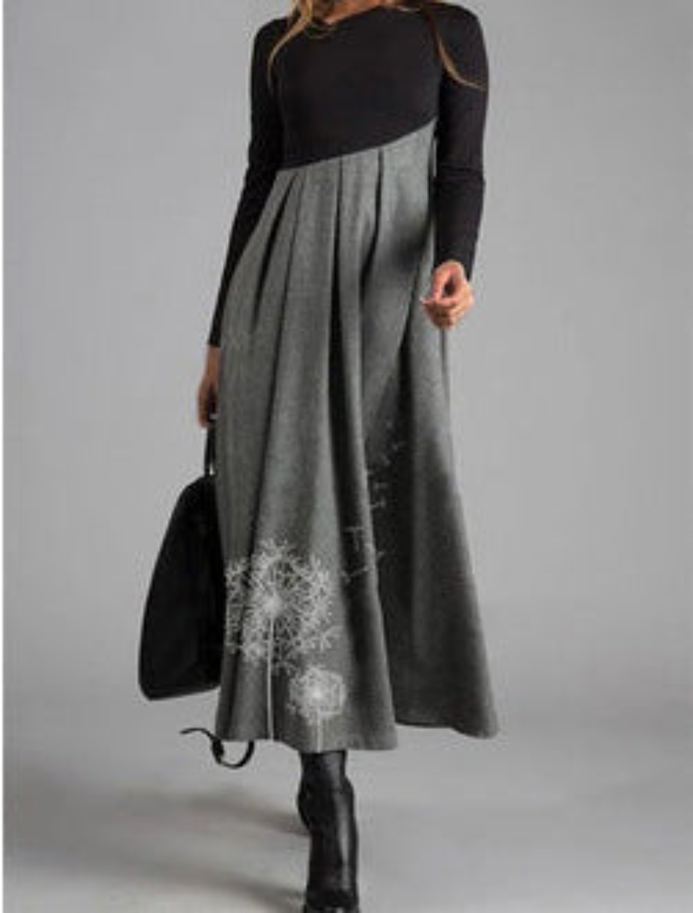 V-Neck Long-Sleeved Print Stitching Woolen Dress