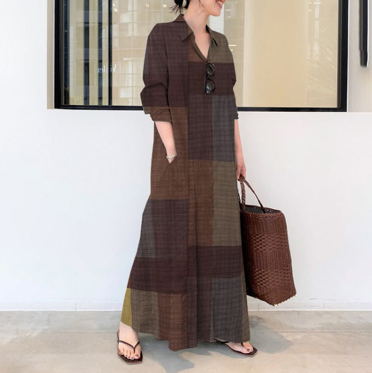 Plaid Printed Lapel Long Sleeve Maxi Dress