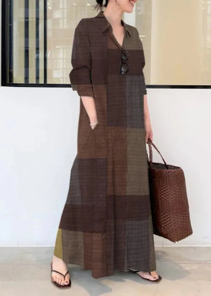 Plaid Printed Lapel Long Sleeve Maxi Dress