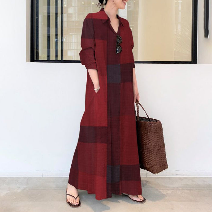 Plaid Printed Lapel Long Sleeve Maxi Dress