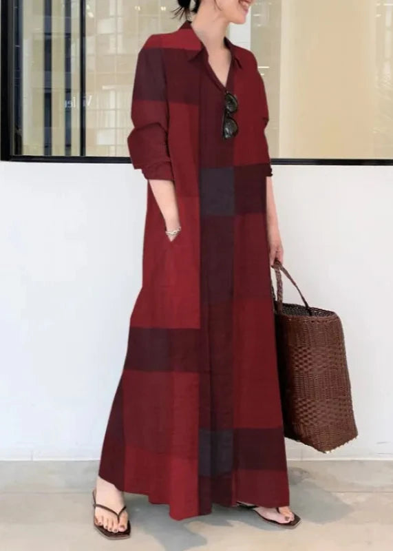 Plaid Printed Lapel Long Sleeve Maxi Dress