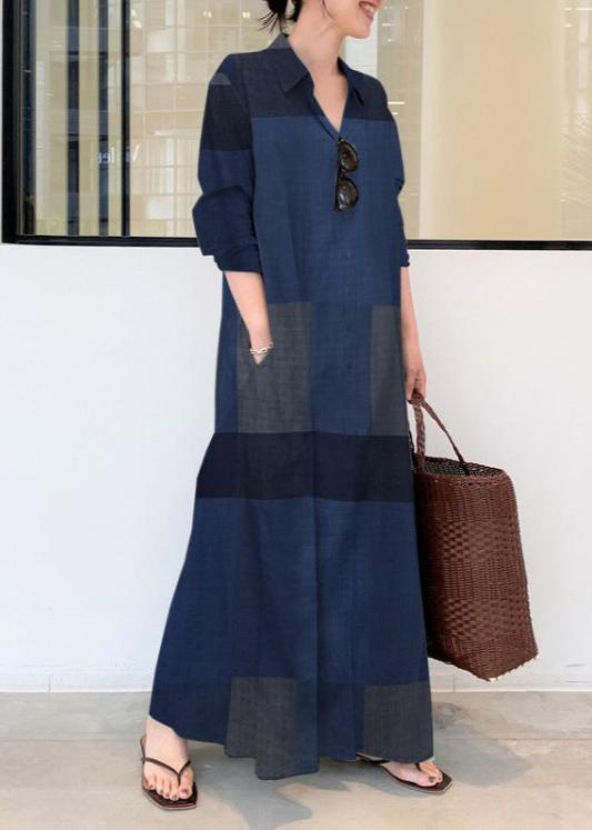 Plaid Printed Lapel Long Sleeve Maxi Dress