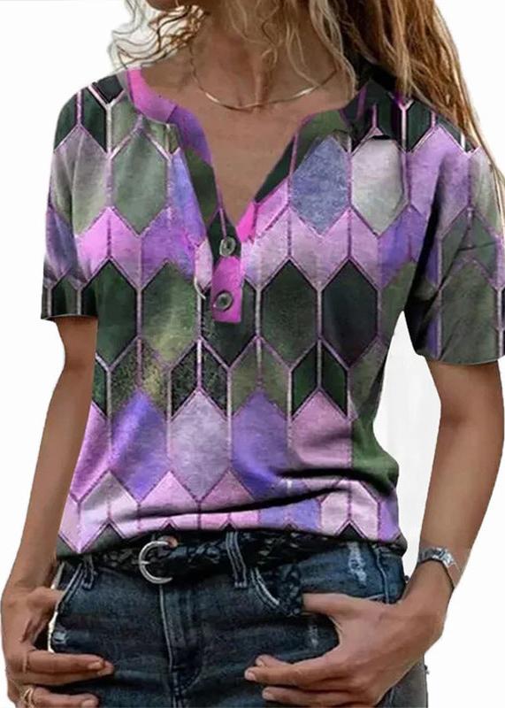 Printed Contrast Color V-neck Pullover T-shirt