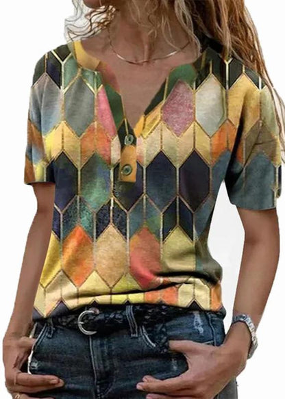 Printed Contrast Color V-neck Pullover T-shirt