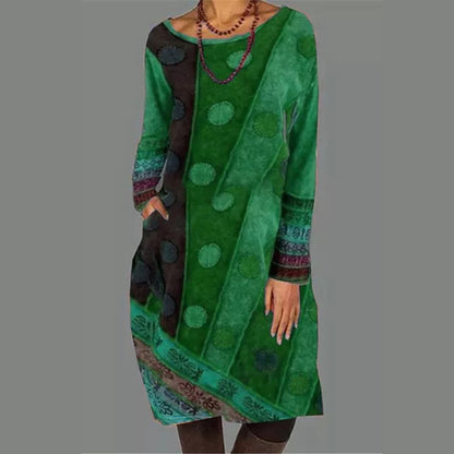 Ethnic Print Round Neck Long Sleeve Dress