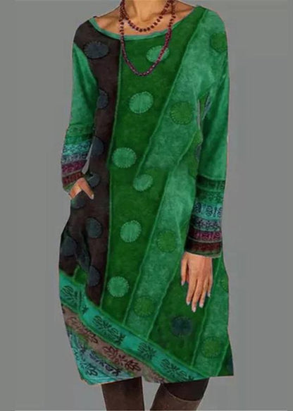 Ethnic Print Round Neck Long Sleeve Dress