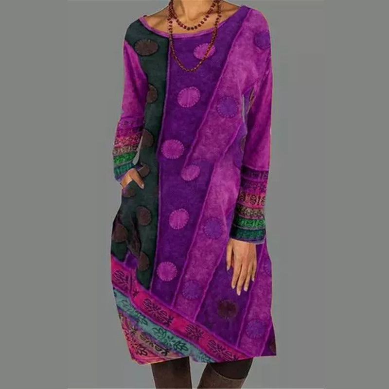 Ethnic Print Round Neck Long Sleeve Dress