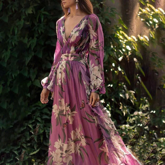 Printed V-neck Long-sleeved Maxi Dress