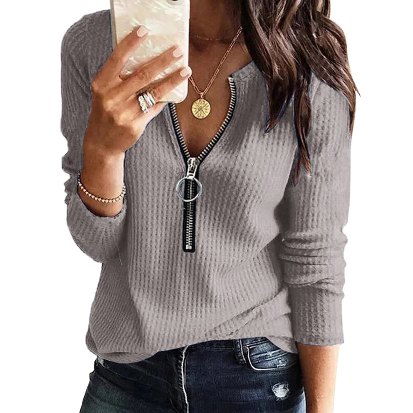 Plain V-Neck Zipper Long Sleeve Top