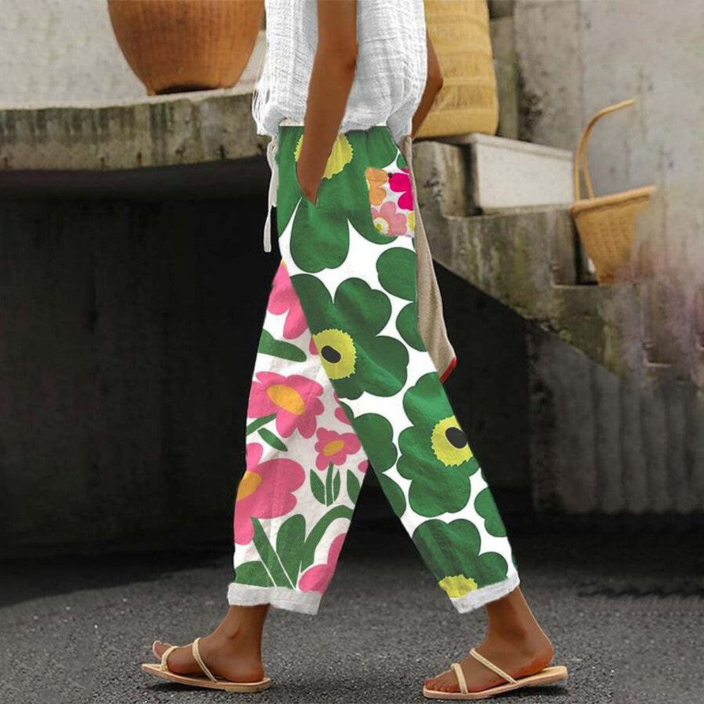 Fresh Floral Print Green Pants