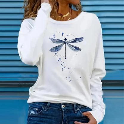 Dragonfly Pattern Round Neck Long Sleeve Top