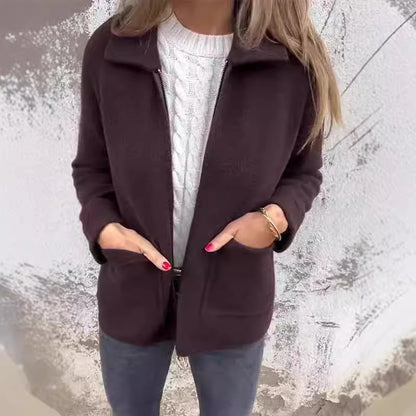 Lapel Zipper Jacket With Pockets Solid Color Coat