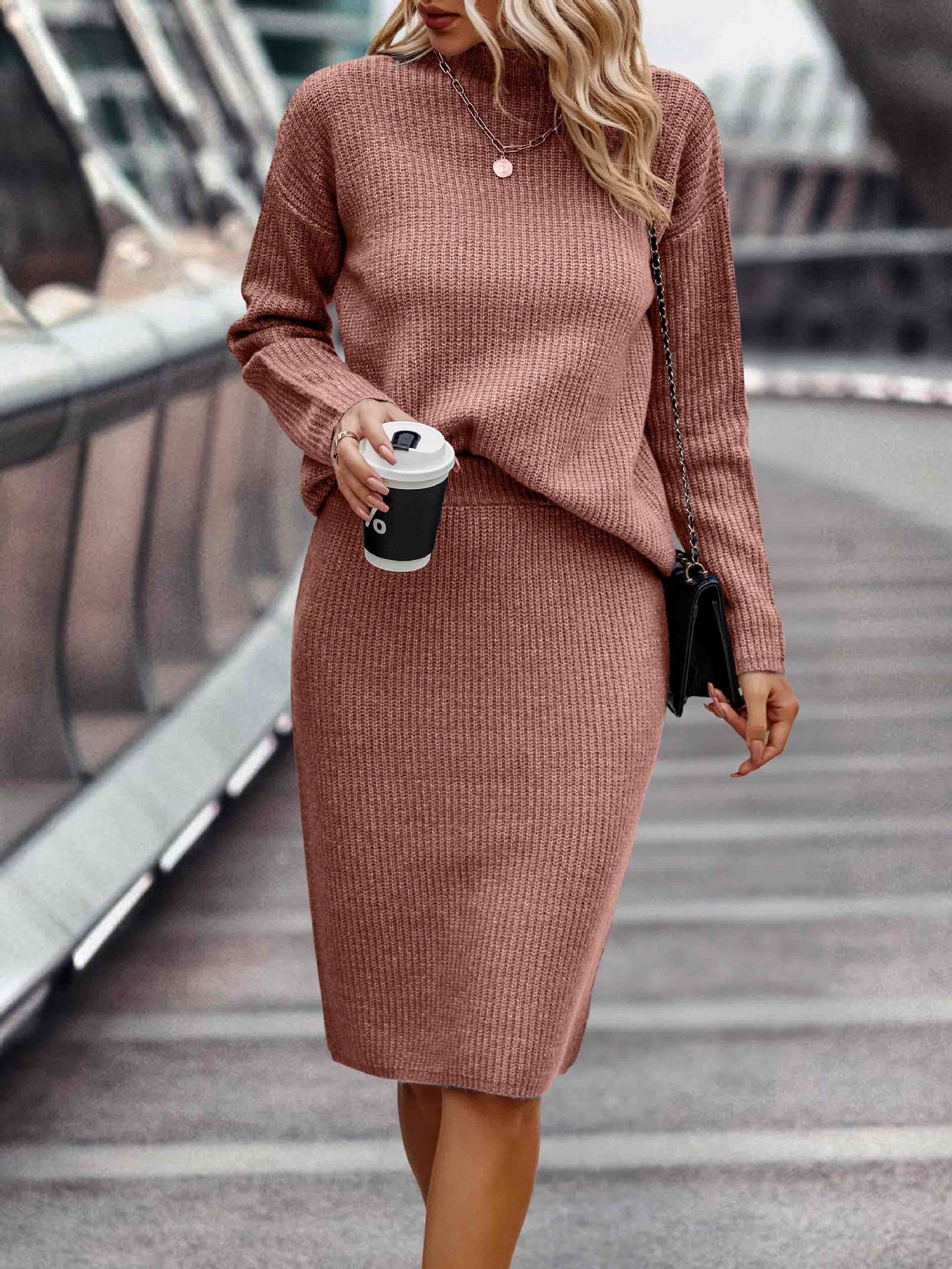 Solid Color Mock Neck Long Sleeve Sweater Suit