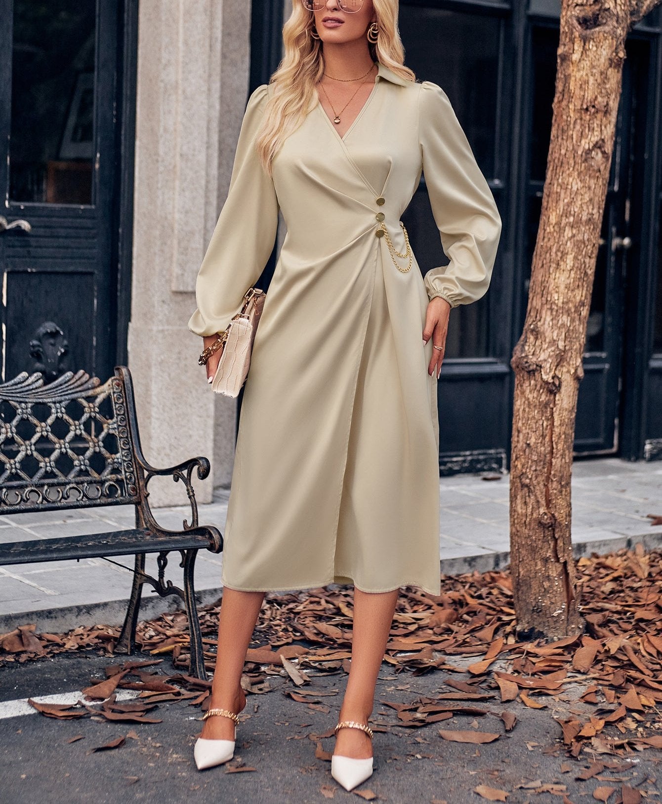 Leisure V-neck Solid Color Tie Waist Long Sleeve Dress