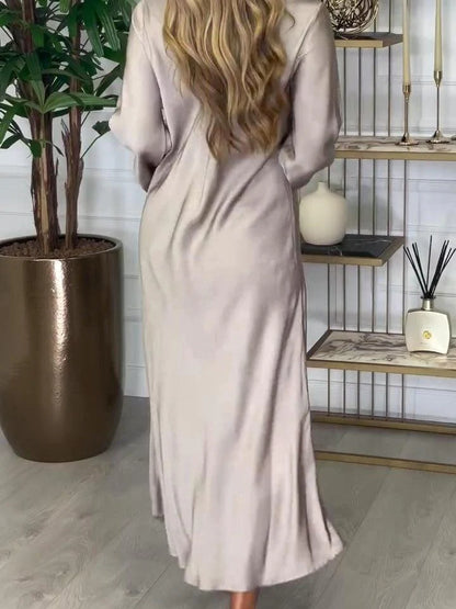 Chic Plain V-Neck Long Sleeve Midi Dress