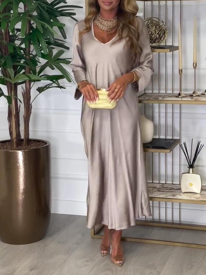 Chic Plain V-Neck Long Sleeve Midi Dress