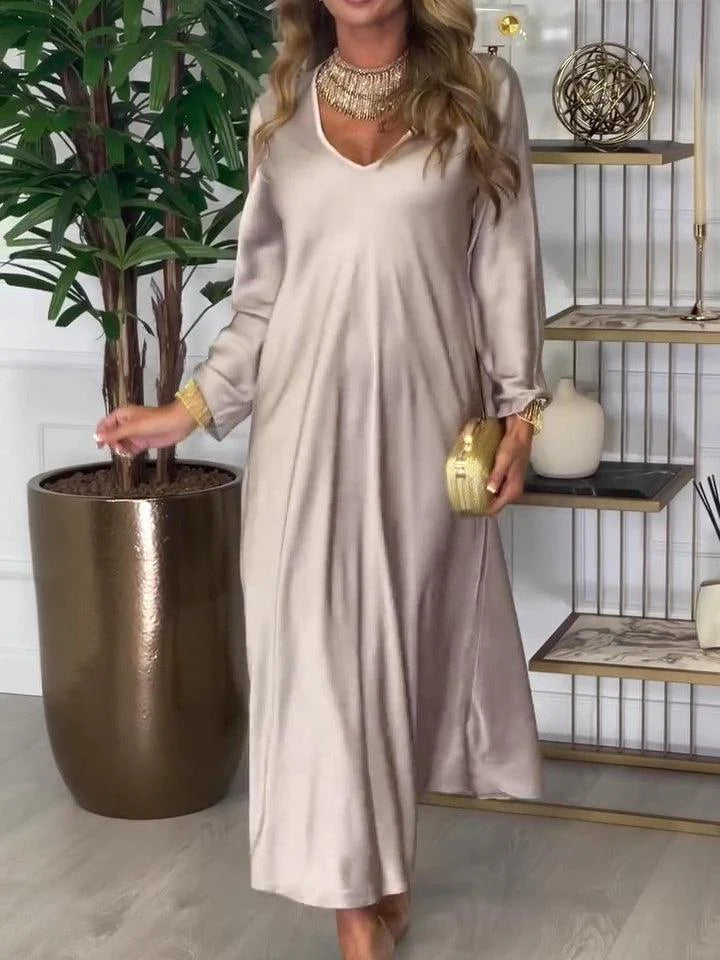 Chic Plain V-Neck Long Sleeve Midi Dress