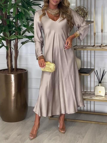 Chic Plain V-Neck Long Sleeve Midi Dress