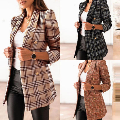 Vintage Printed Long Sleeve Double Breasted Blazer Collar Coat