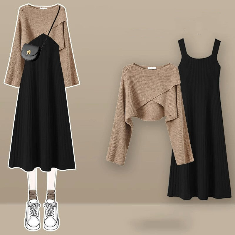 Khaki Long Sleeve Knit Dress Two Piece Set