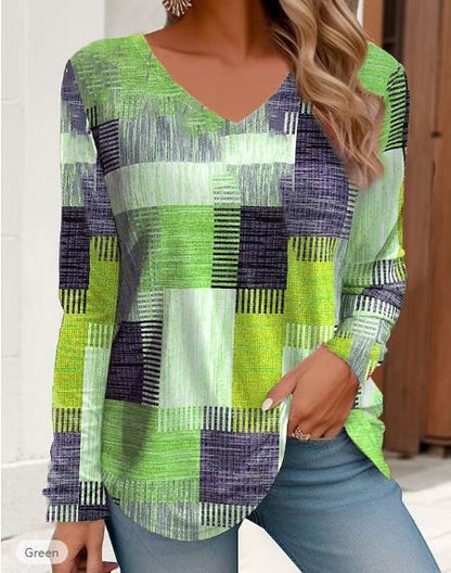 Geometric Print V-Neck Loose Long Sleeve Top