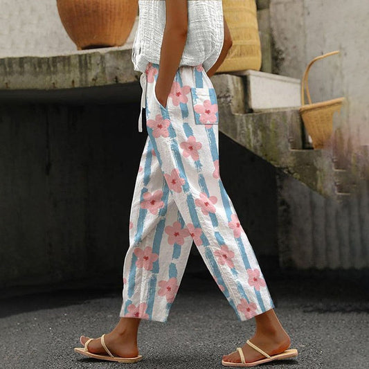 Fresh Floral Print Side Pocket Pants