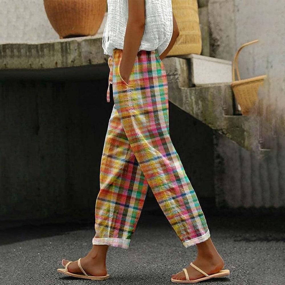 Casual Plaid Drawstring Waistline Pants