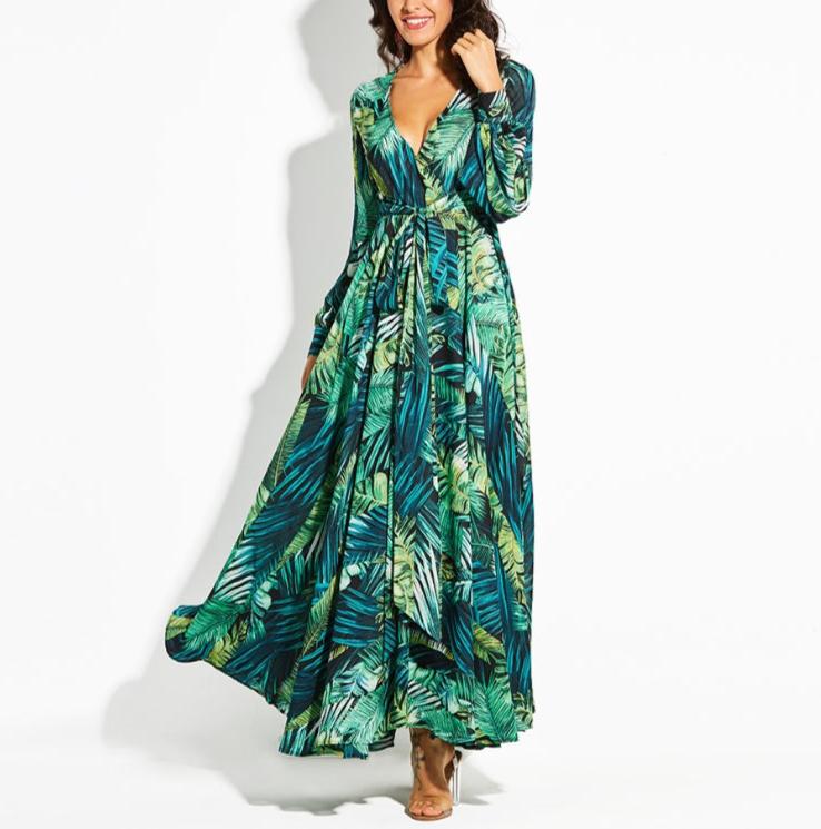 Lantern Sleeve V-neck Green Leaf Print Maxi Dress