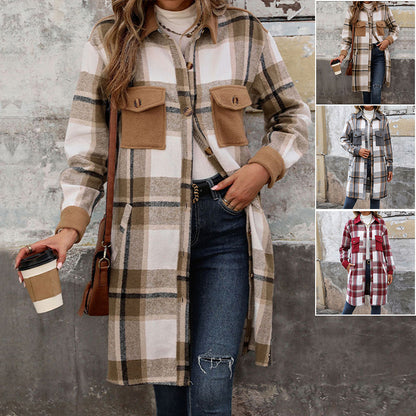 Brushed Plaid Long Coat With Pockets