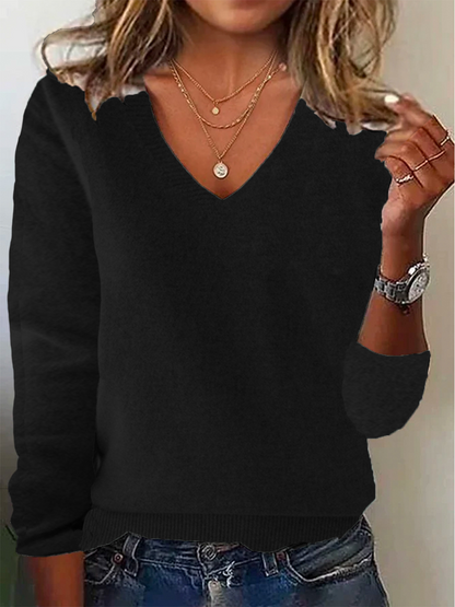 Unique V-neck Solid Color Knit Sweater