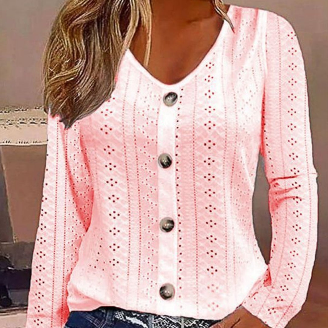 Solid Color Jacquard V-neck Buttons Long-sleeved Top