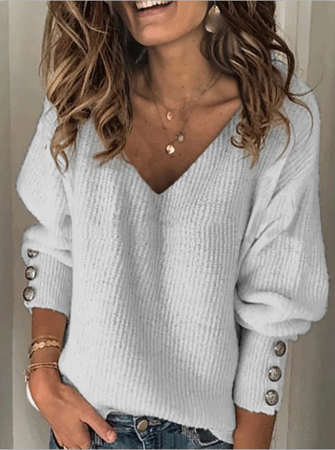 All-match Knitted V-neck Loose Long-sleeved Sweater