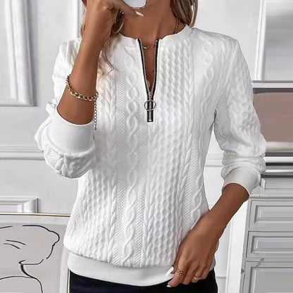 V-Neck Zipper Long Sleeve Plain Top