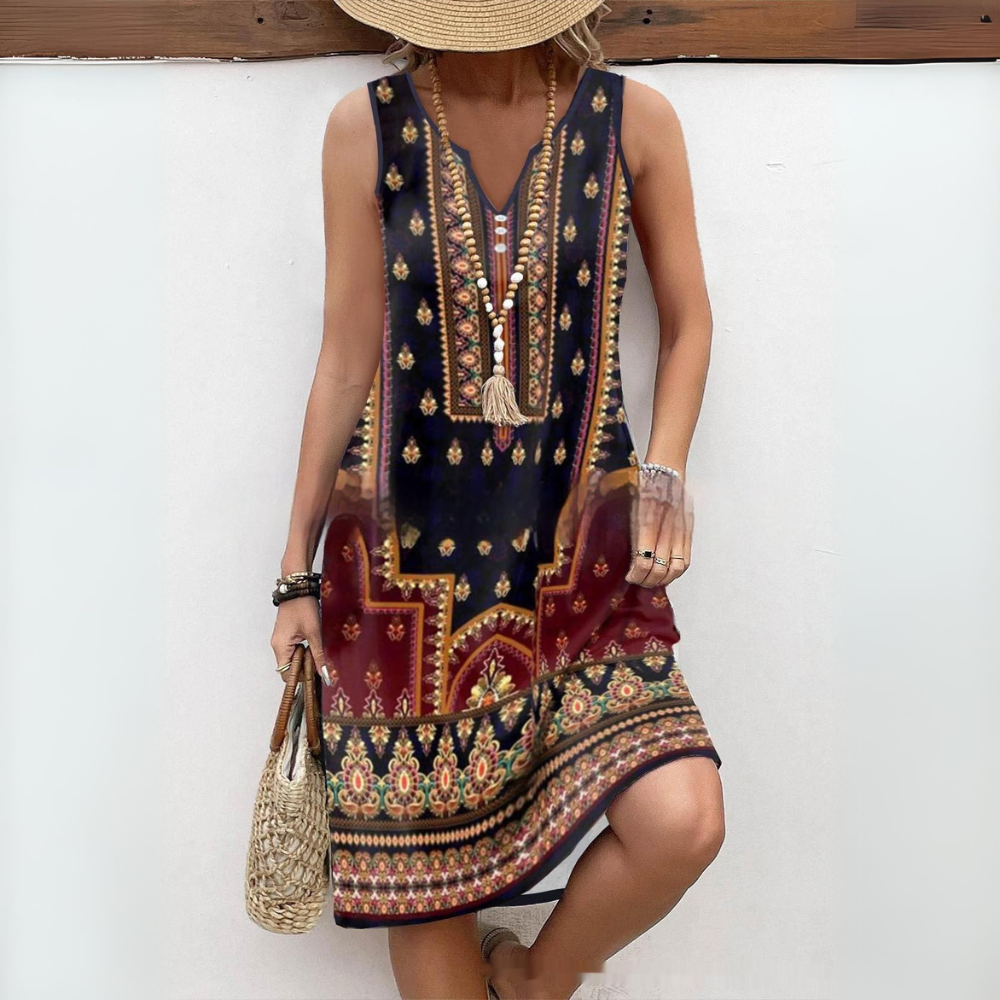 Vintage Printed V-Neck Sleeveless Dress