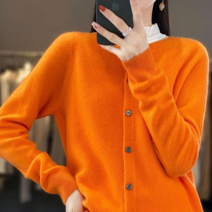 Elegant Wool Round Neck Long Sleeve Cashmere Cardigan