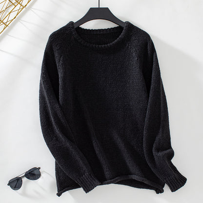 Solid Color Curling Hem Pullover Sweater