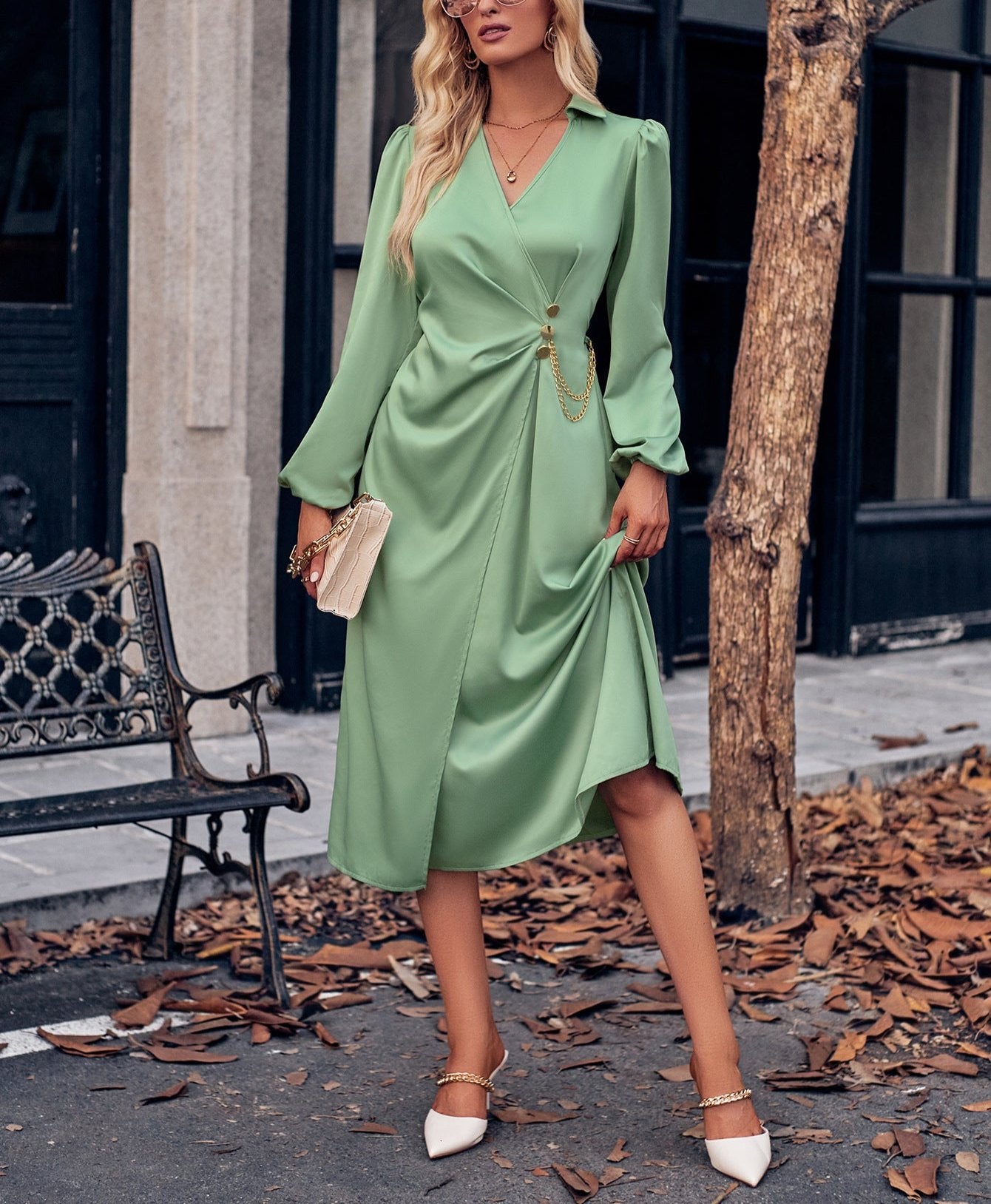 Leisure V-neck Solid Color Tie Waist Long Sleeve Dress