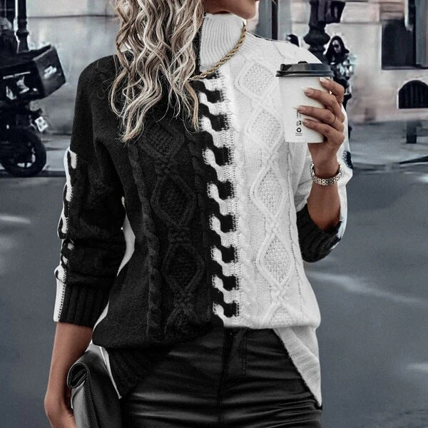 Trendy Color Contrast Black And White Splicing Knitwear Top