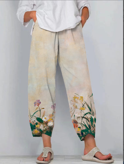 Casual Loose Printed Elastic Waist Straight Leg Pants