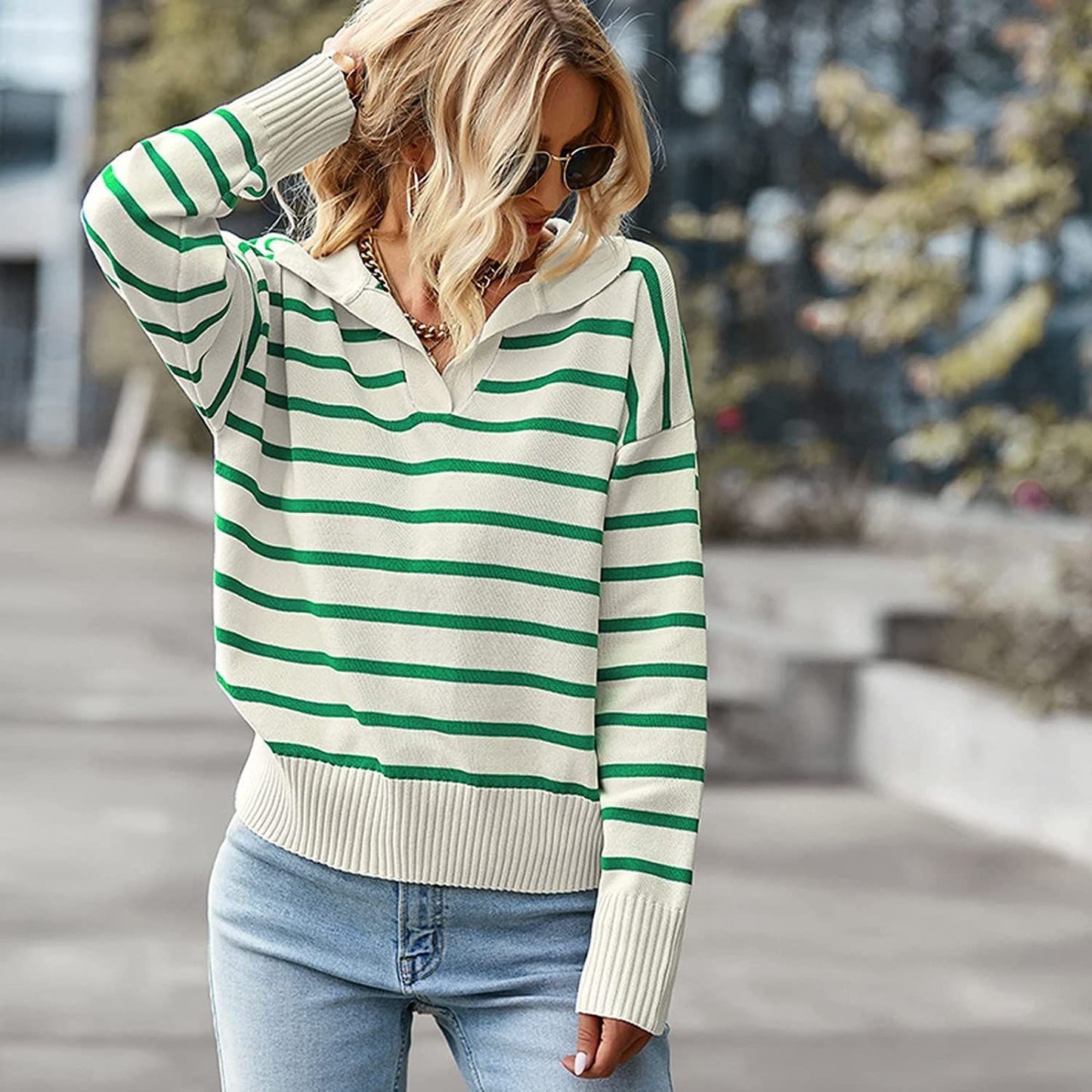 Casual V-neck Lapel Striped Sweater Long Sleeve Top